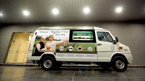 Interior of the Rivulis demo van with irrigation product displays