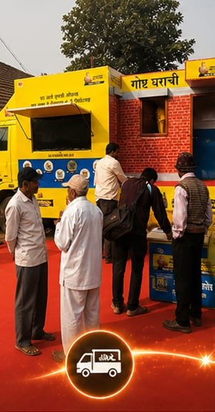 A branded campaign van drawing a village crowd